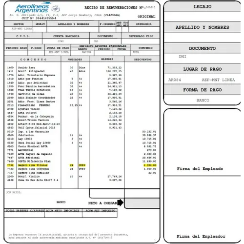 RECIBO DE SUELDO - AEROLINEAS ARGENTINAS