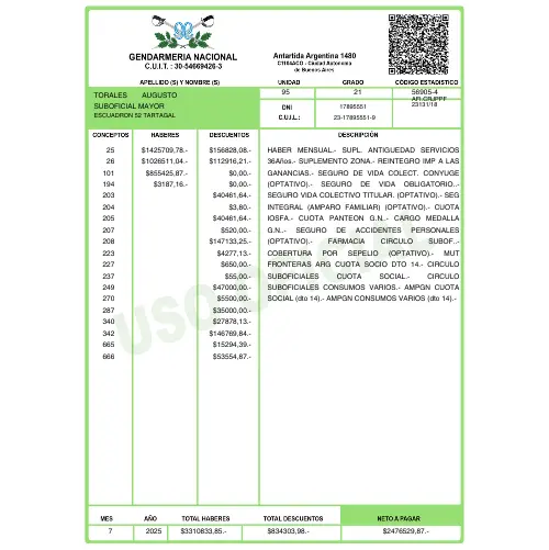 RECIBO DE SUELDO GENDARMERIA NACIONAL