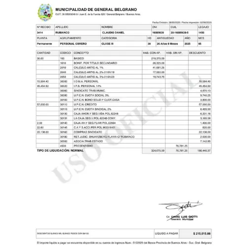 RECIBO DE SUELDO - MUNICIPALIDAD GRAL DE BELGRANO