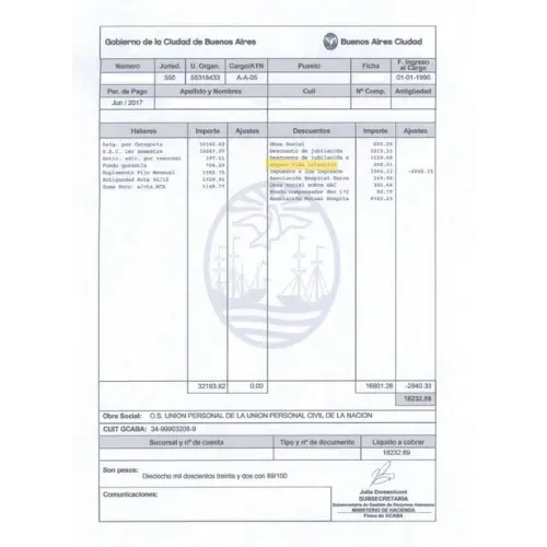 RECIBO SUELDO GOBIERNO DE LA CIUDAD